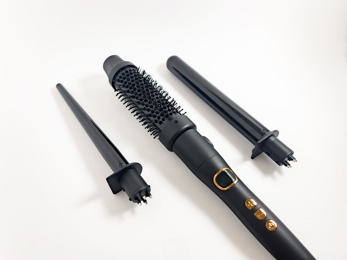 Volume Gold 3-in-1 Thermal Round Brush & Dual Curling Wand Set