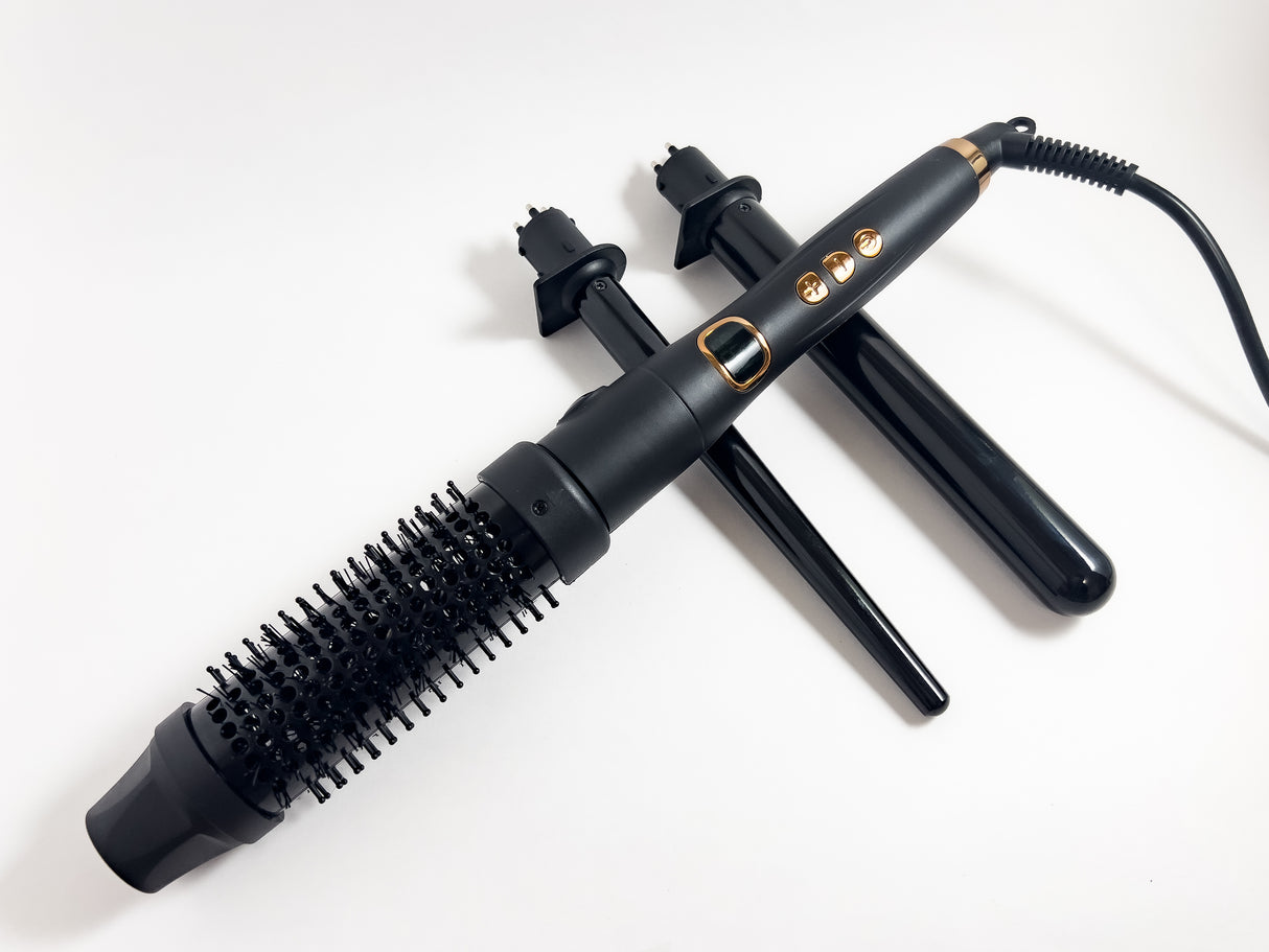 Volume Gold 3-in-1 Thermal Round Brush & Dual Curling Wand Set